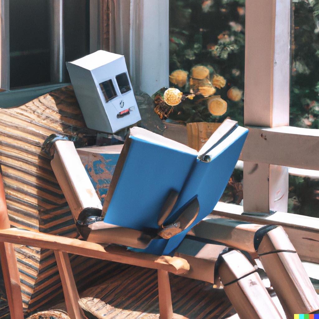 DALL·E prompt: cottagecore robot reading a book on a porch